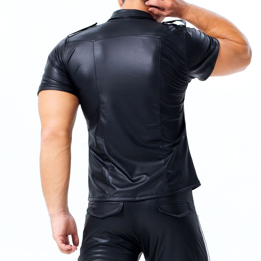 come4buy.com-Men's PU Leather T-shirt | Turn-down Collar Button Tee Shirt